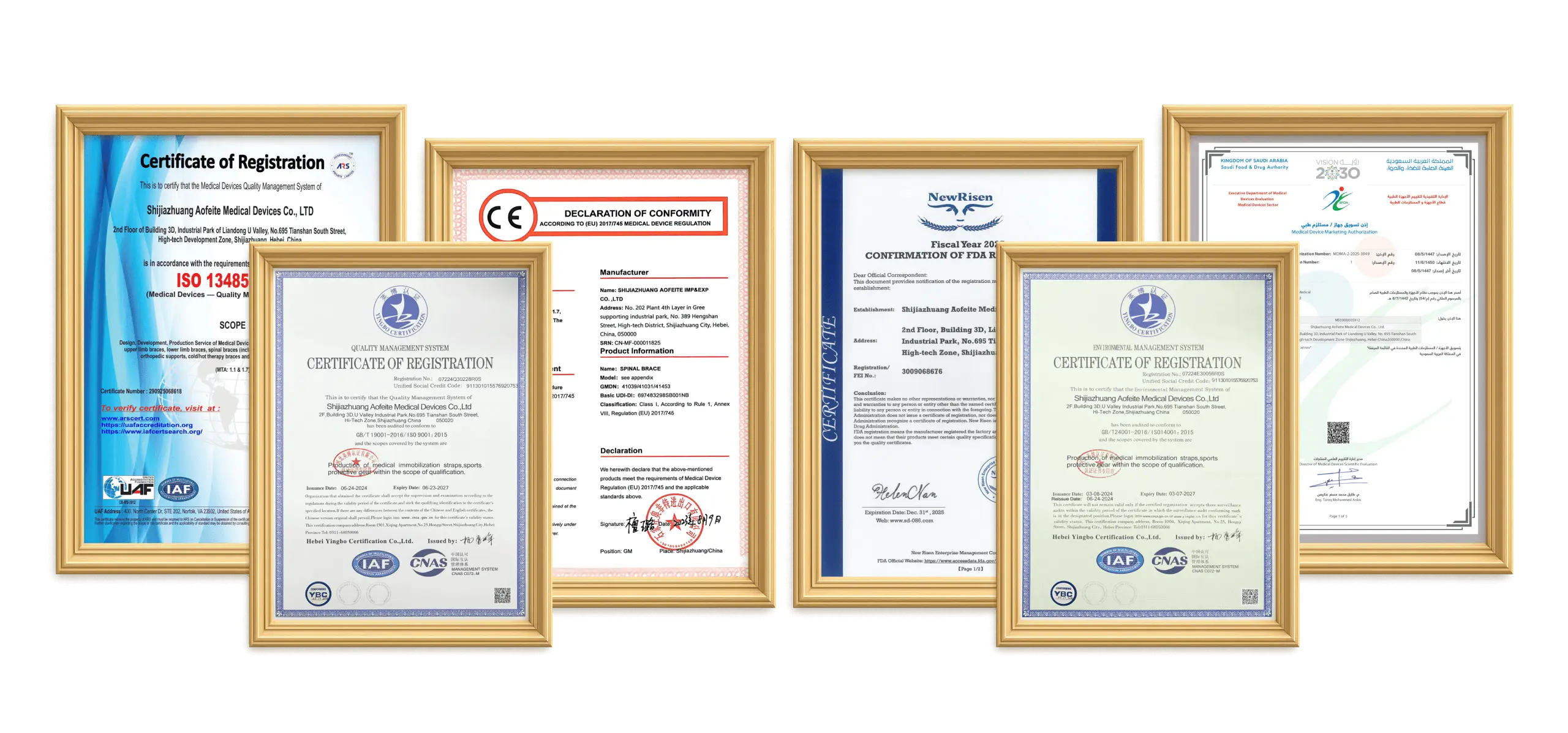Important certisfications and standards for a custom brace manufacturer, including CE, FDA, ISO13485, ISO14001, BSCI.
